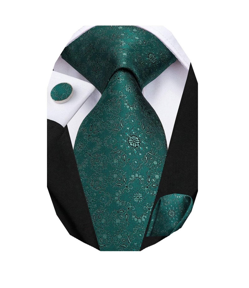 Dubulle Hunt Green Mens Paisley Floral Silk Tie for Men Striped Necktie and Pocket Square Cufflinks Set Wedding Business - Image 1